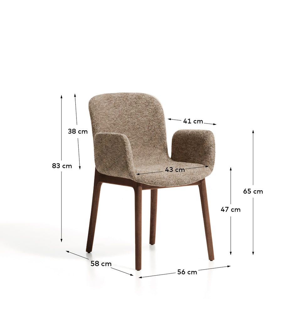 Elnor flame-retardant chair with armrests in brown chenille with solid oak wood legs in a walnut finish