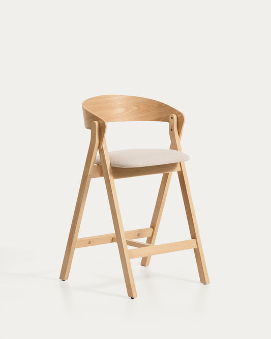 Godia stool in oak veneer with natural finish and beige chenille