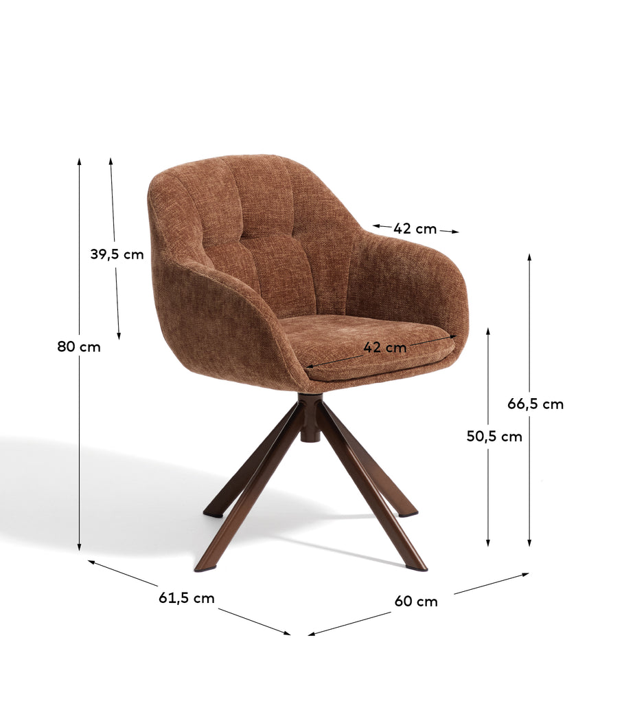 Dorina swivel chair in caramel chenille and steel legs in a caramel finish