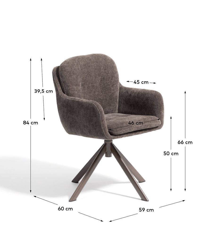 Lexa swivel chair in brown chenille and steel legs with a brown finish