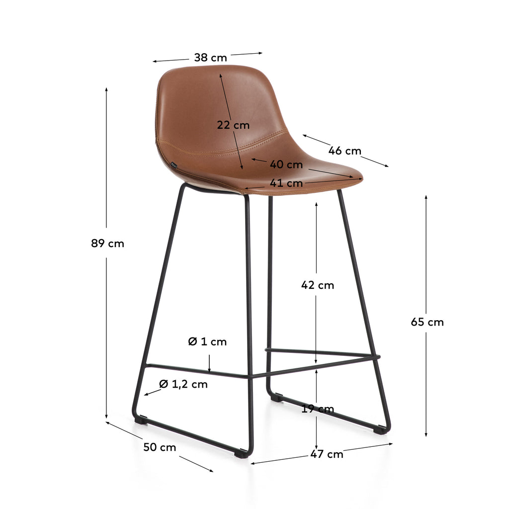 Zahara stool in brown polyurethane with steel legs with black finish 65cm FSC 100%
