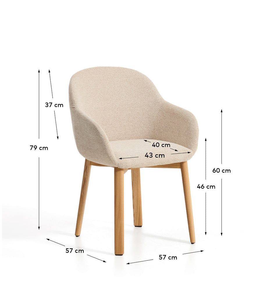 Meila flame-retardant chair with armrests in beige chenille with legs in solid ash wood with natural finish