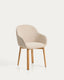 Meila flame-retardant chair with armrests in beige chenille with legs in solid ash wood with natural finish