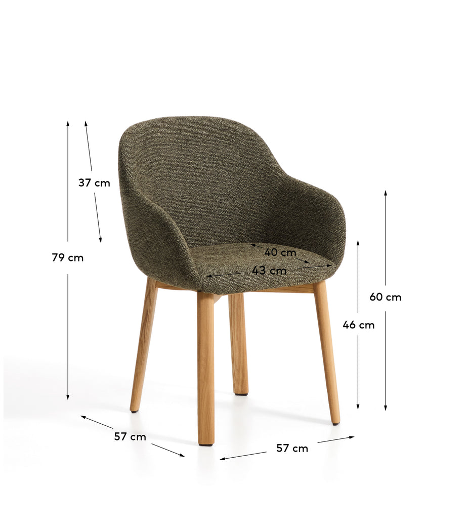 Meila flame-retardant chair with armrests in green chenille with legs in solid ash wood with natural finish
