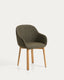 Meila flame-retardant chair with armrests in green chenille with legs in solid ash wood with natural finish