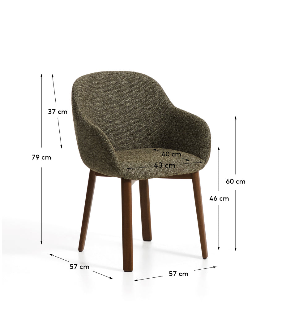 Meila flame-retardant chair with armrests in green chenille with legs in solid ash wood with walnut finish