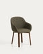 Meila flame-retardant chair with armrests in green chenille with legs in solid ash wood with walnut finish
