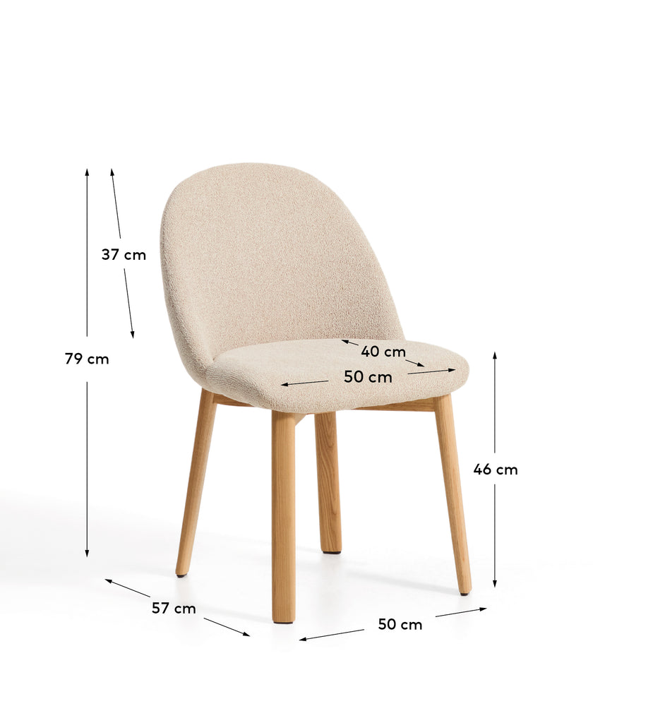 Meila flame-retardant chair in beige chenille with legs in solid ash wood with natural finish