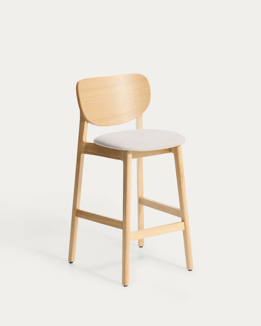 Ludara stool in oak veneer and beige chenille 65cm