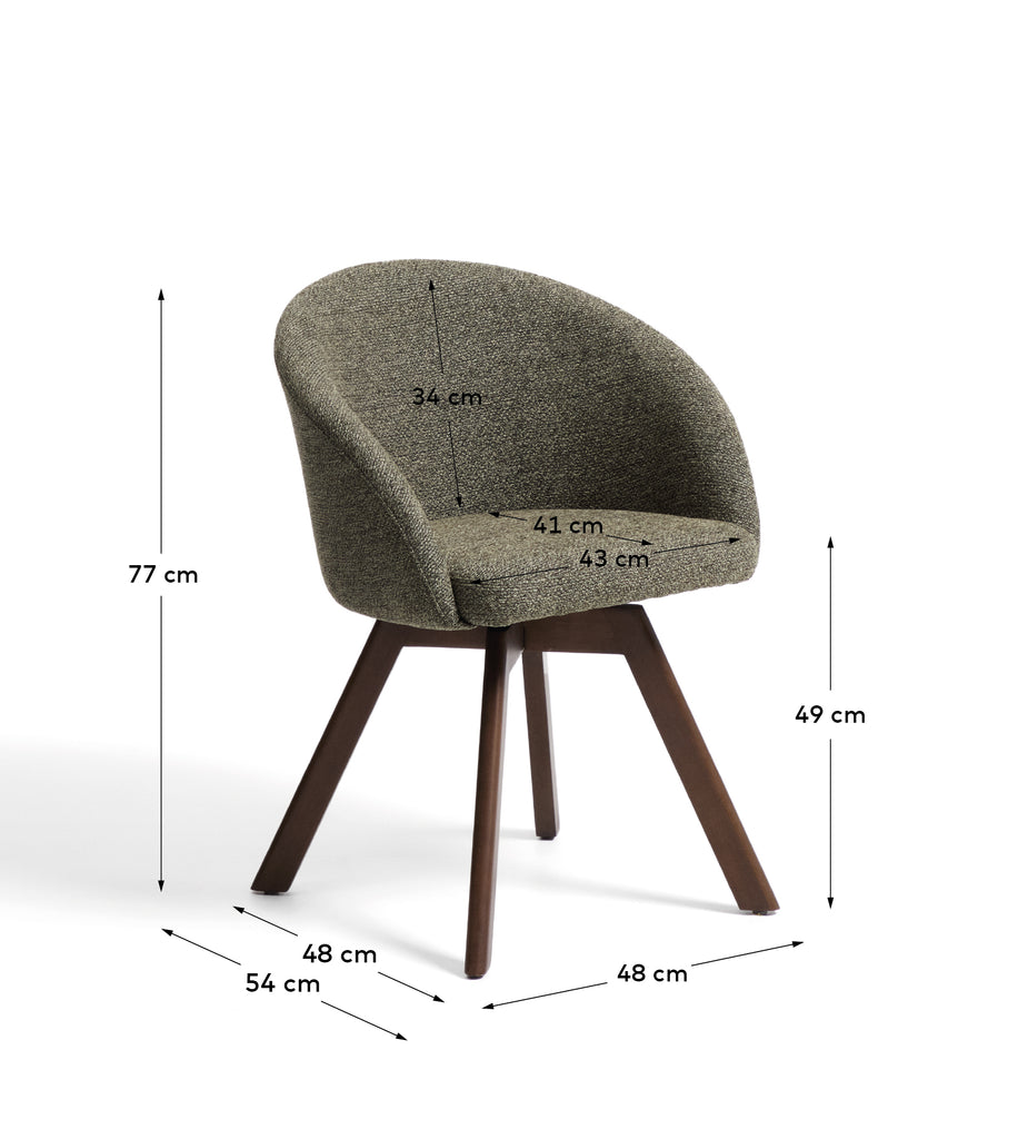 Marvin green chenille swivel chair with solid beech wood legs with a walnut finish FSC 100%