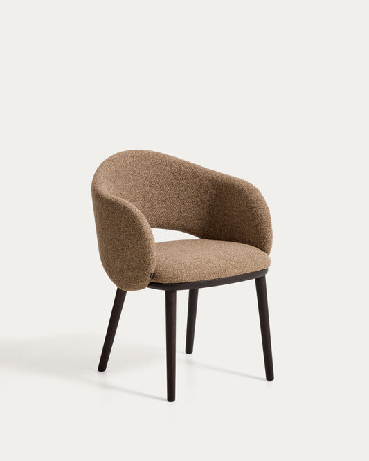 Maina chair in thick brown chenille with solid ash wood legs and a ebonised finish, FSC Mix Credit