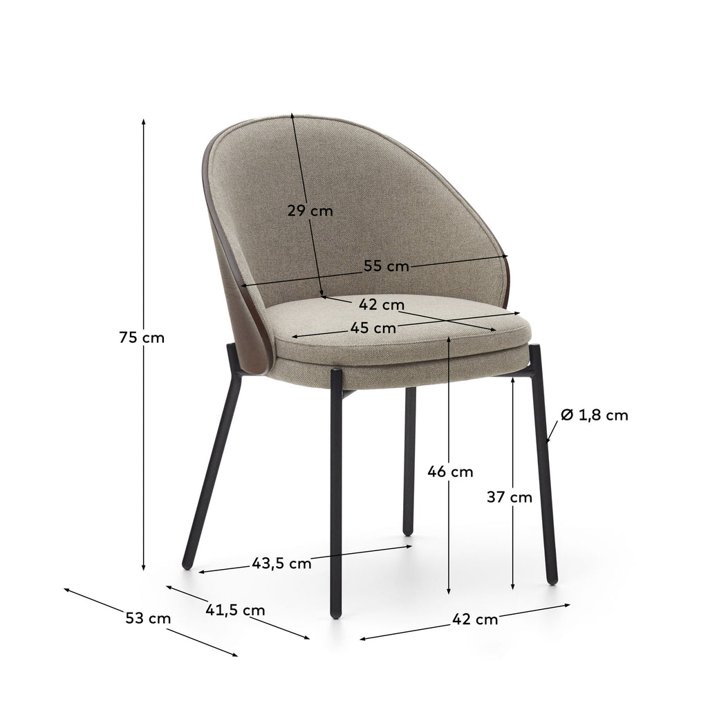 Eamy chair in light brown chenille with ash veneer in walnut finish and black metal