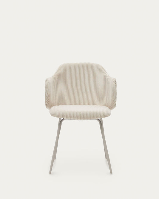 Yunia chair in beige wide seam corduroy with steel legs in a powder coated beige finish