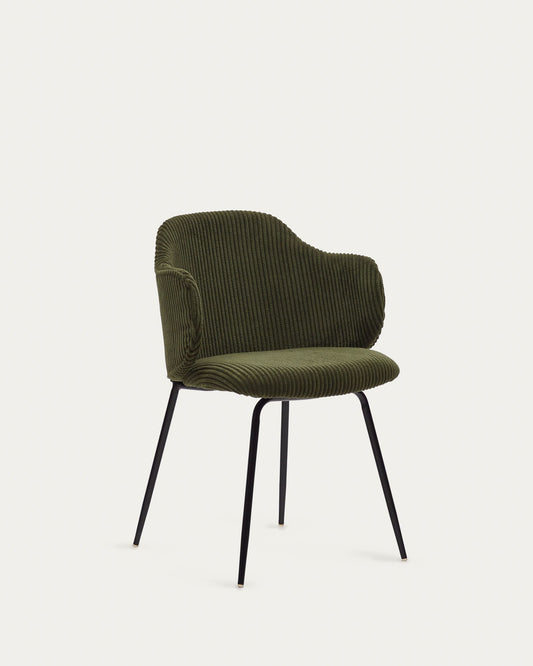 Yunia chair in green wide seam corduroy and steel legs in a painted black finish