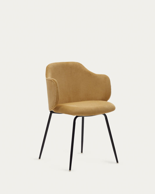 Yunia chair in mustard corduroy with steel legs in a painted black finish