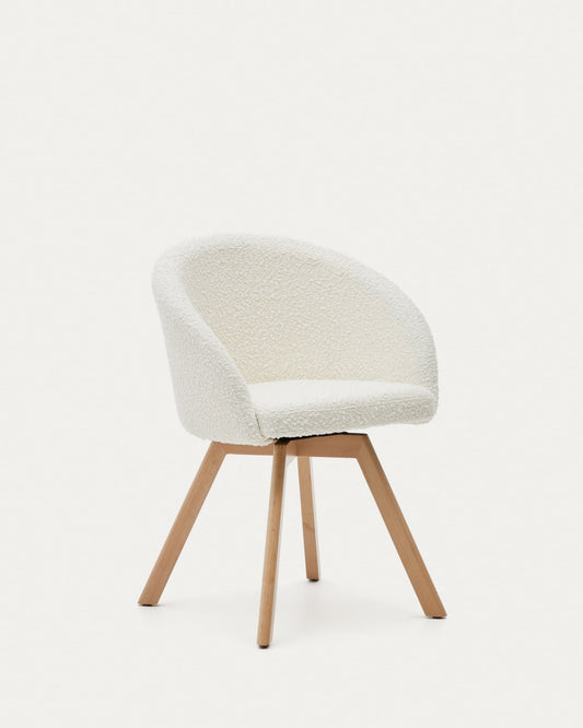 Marvin swivel chair in white bouclé with solid beech wood legs in a natural finish FSC 100%