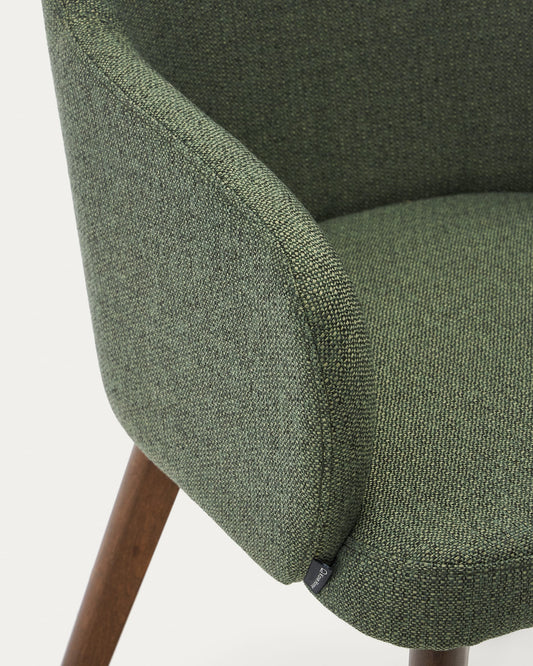 Nelida chair in green chenille and solid beech wood in a walnut finish FSC 100%