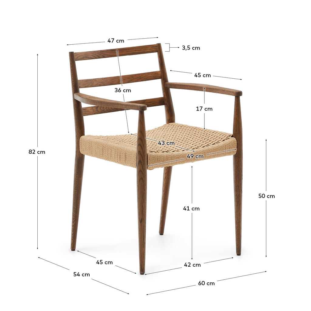 Analy chair with armrests in solid oak wood in a walnut finish and rope cord seat FSC 100%