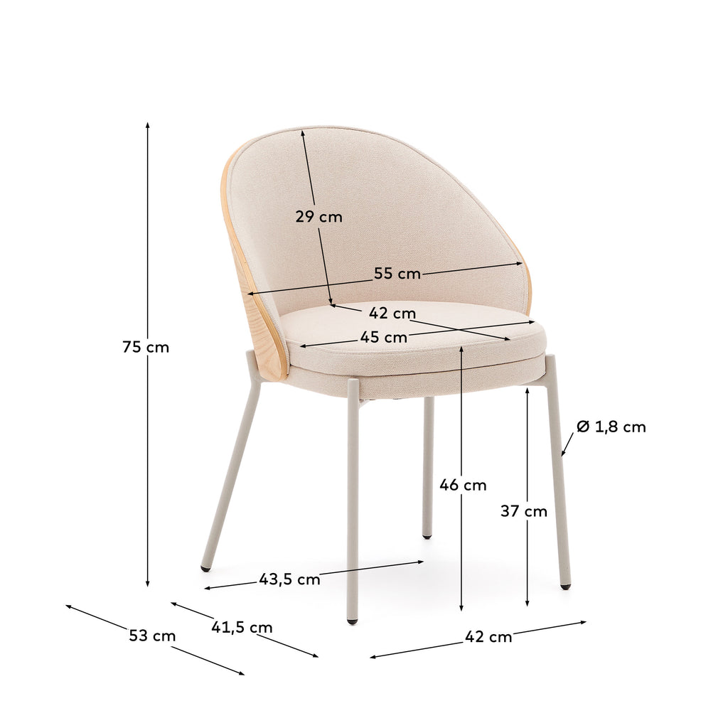 Eamy chair in beige chenille, in a natural finish ash veneer and beige metal