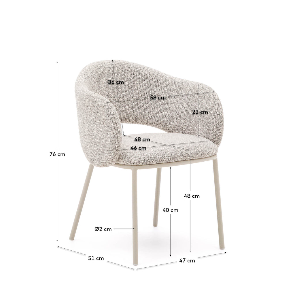 Maina chair in thick beige chenille and steel legs in a beige finish, FSC Mix Credit