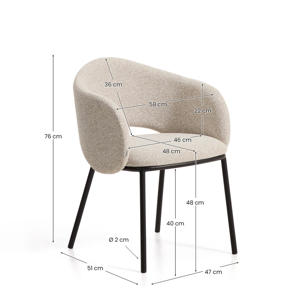 Maina chair in thick beige chenille with steel legs in a black finish, FSC Mix Credit