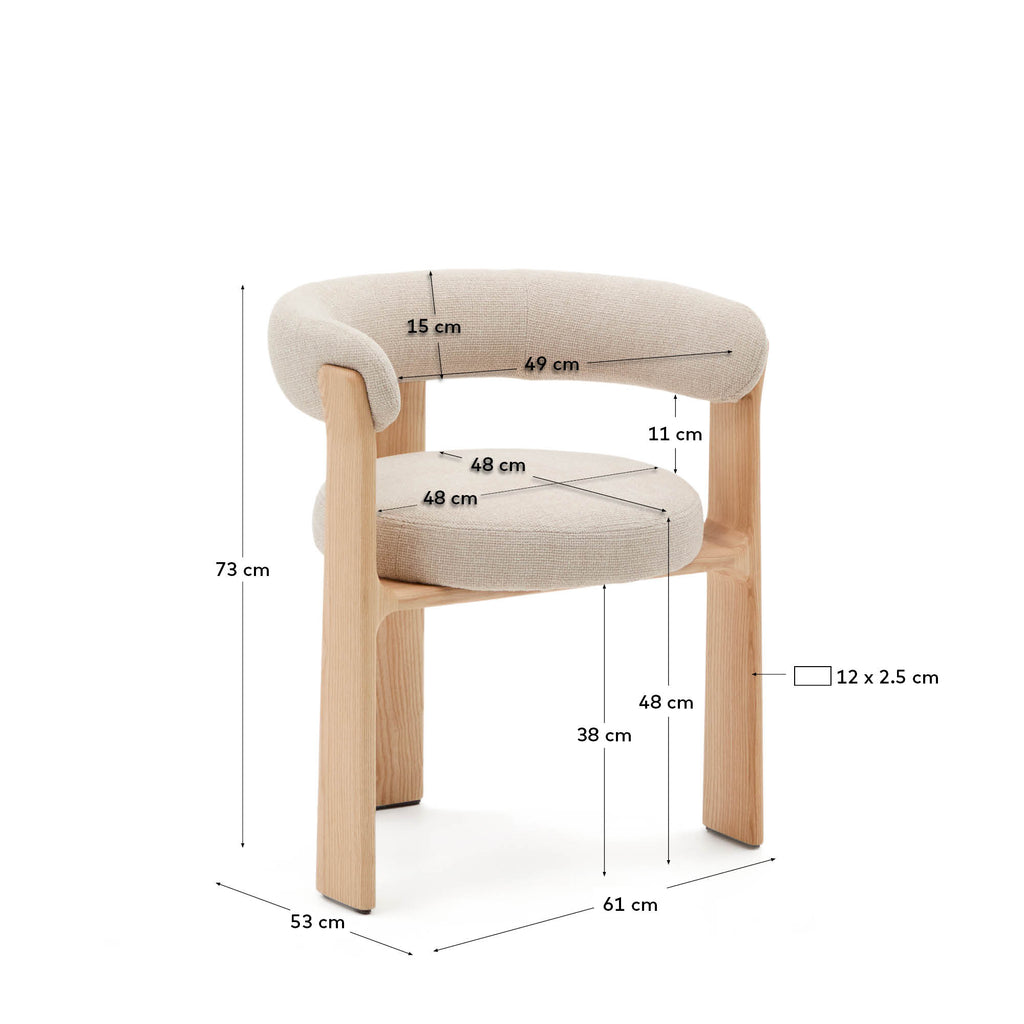 Granite 3-legged chair in beige chenille and solid ash wood in a natural tone finish FSC 100%