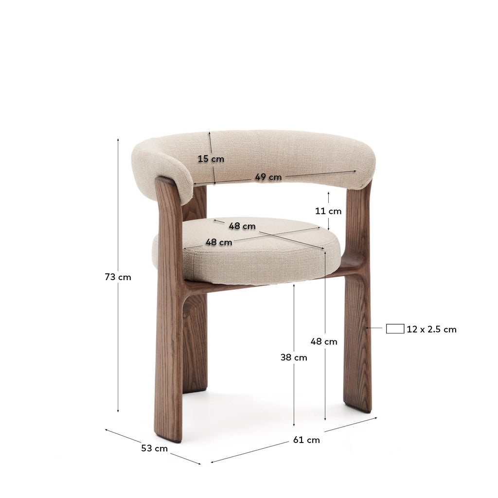 Granite 3-legged chair in beige chenille and with solid ash wood in a walnut finish FSC 100%