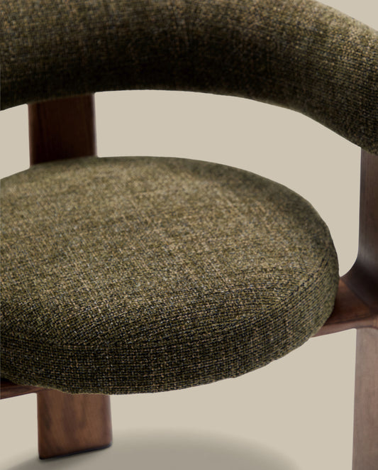 Granite 3-legged chair in green chenille and with solid ash wood in a walnut finish FSC 100%