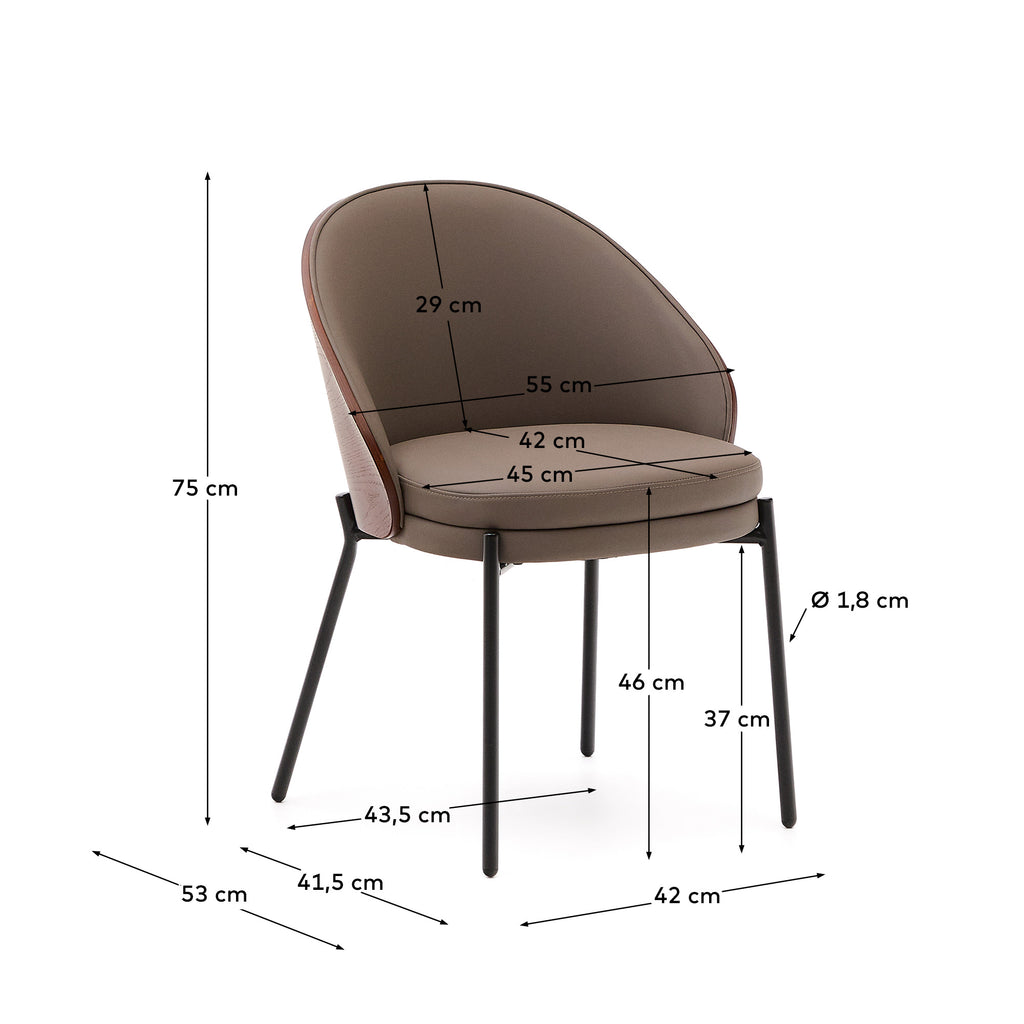 Eamy chair in brown faux leather, ash veneer with walnut and black metal finish