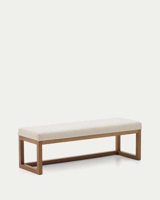 Loya bench in beige chenille and beech wood with walnut-coloured finish 128cm