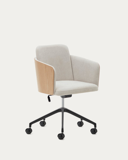Madai desk chair in beige chenille and ash veneer with natural tone finish FSC Mix Credit