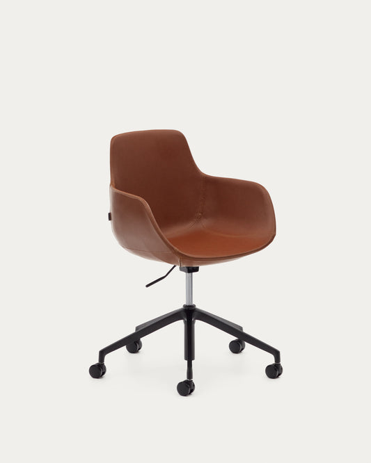 Tissiana desk chair in brown faux leather and aluminium with matte black finish