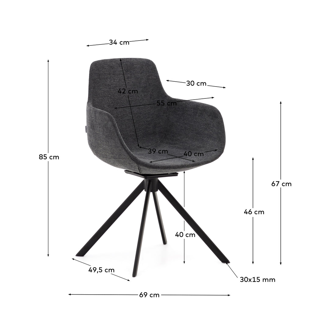 Tissiana self-centring swivel chair in dark grey chenille and matte black aluminium
