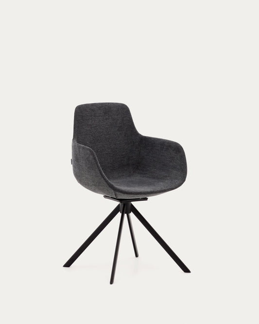 Tissiana self-centring swivel chair in dark grey chenille and matte black aluminium