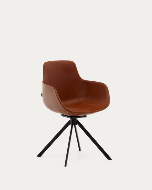 Tissiana self-centring swivel chair in synthetic brown leather and matte black aluminium