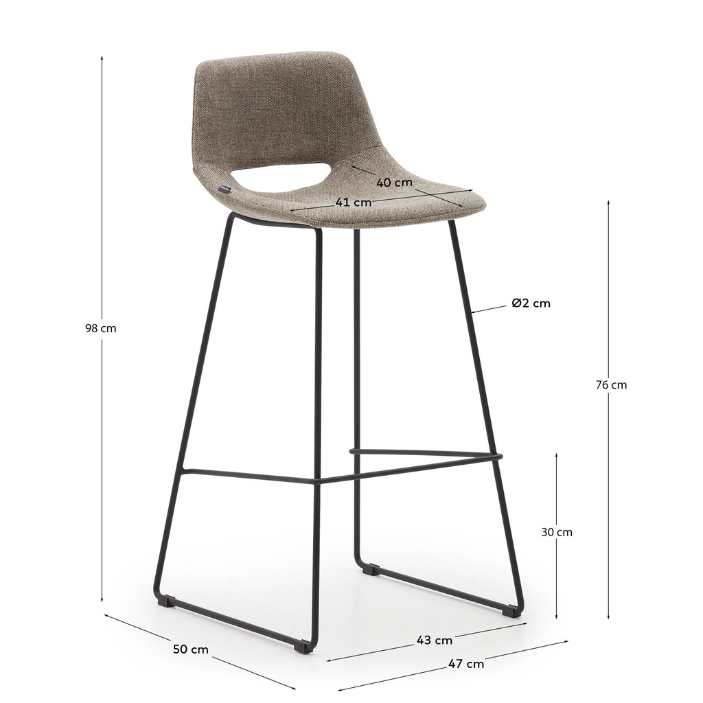 Zahara bar stool in brown with steel legs in black finish, height 76 cm FSC 100%