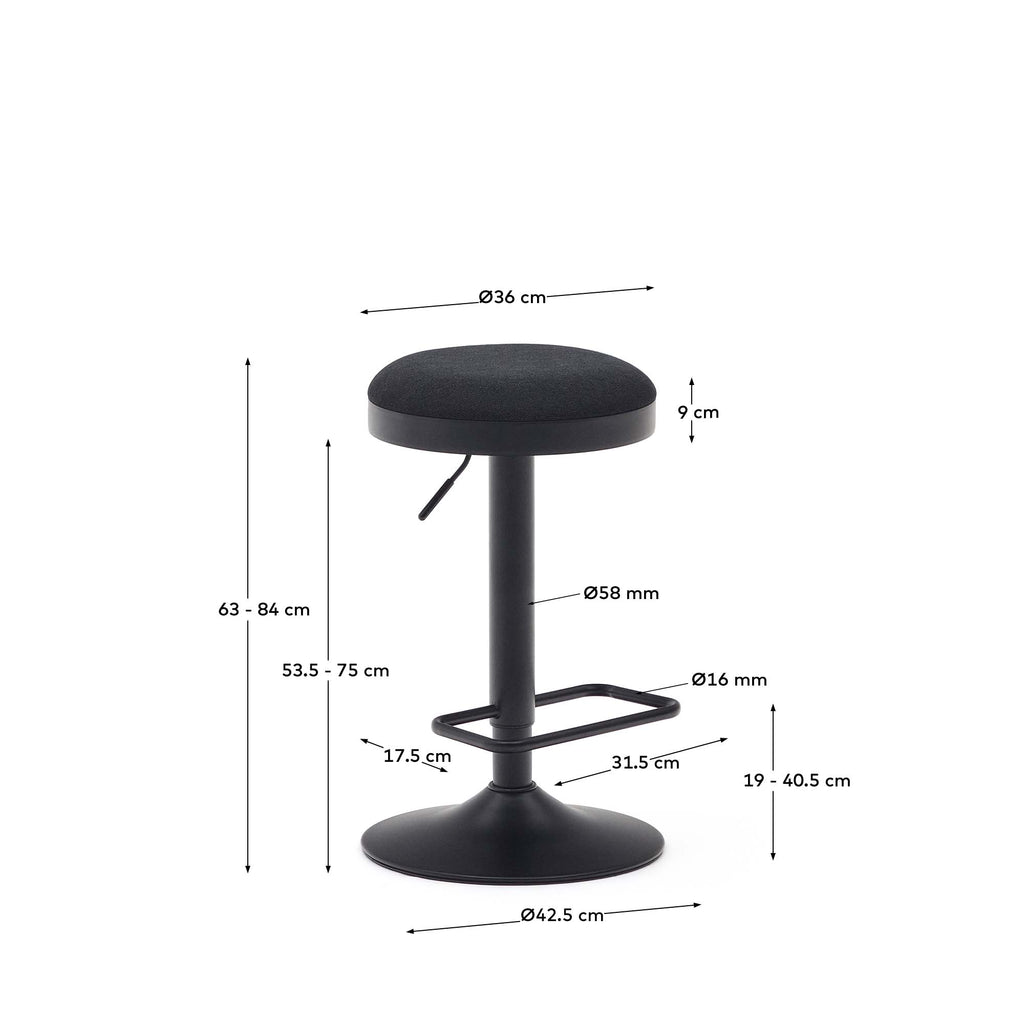 Zaib stool in black chenille and matt black steel height 63-84 cm FSC 100%