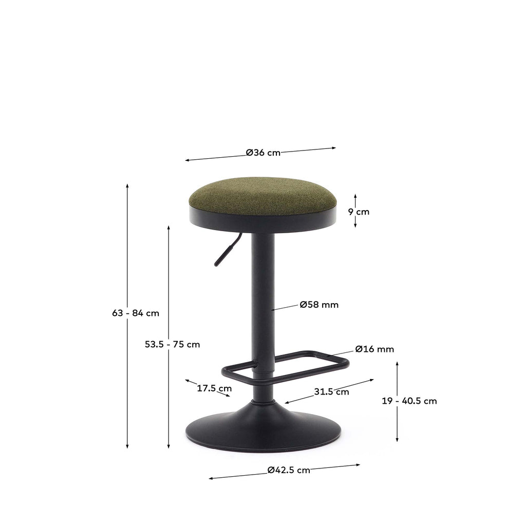 Zaib stool in dark green chenille and matt black steel height 63-84 cm FSC 100%
