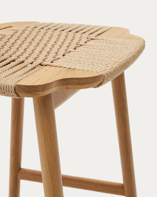 Enit stool made of beige paper cord and solid oak wood with natural finish, 65cm FSC Mix Credit