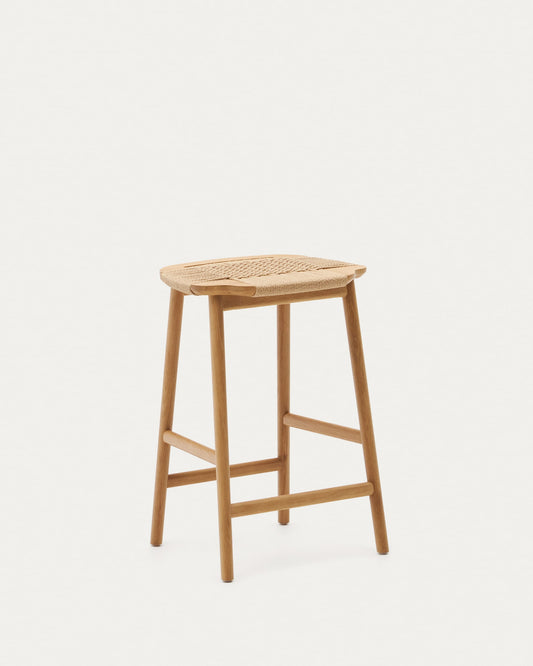 Enit stool made of beige paper cord and solid oak wood with natural finish, 65cm FSC Mix Credit