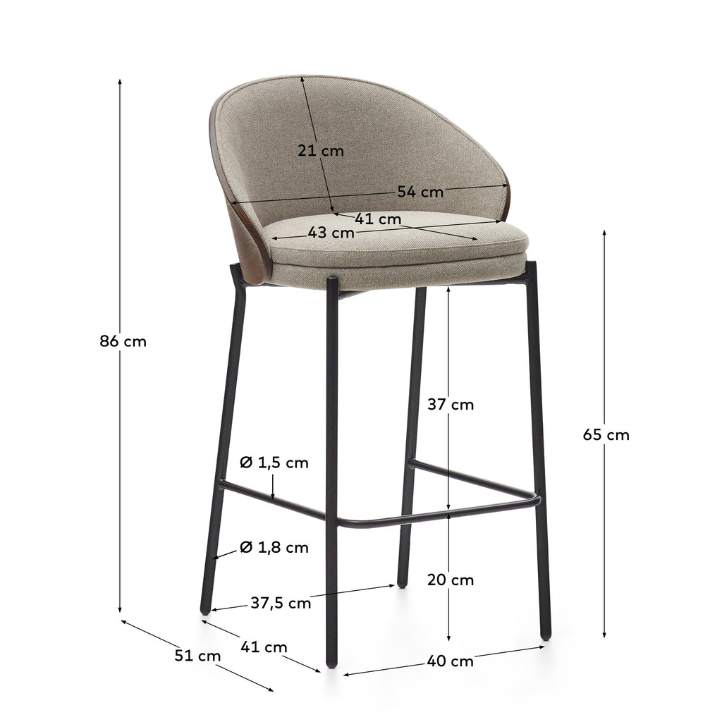Eamy stool in light brown chenille with ash veneer in walnut finish and black metal 65 cm