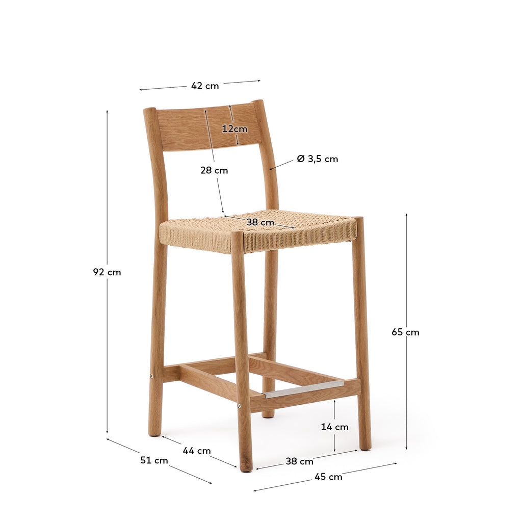 Yalia stool with a backrest in solid oak wood in a natural finish,and rope cord seat, 65 cm FSC 100%