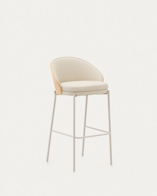 Eamy stool in beige faux leather, natural finish ash veneer and beige metal 75cm