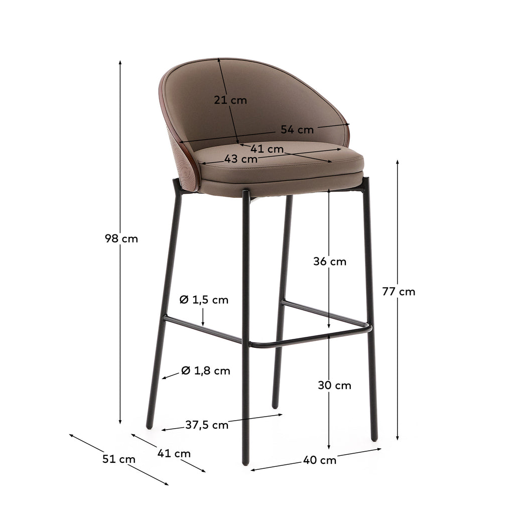 Eamy stool in brown polyurethane, ash veneer walnut finish and brown metal 77 cm