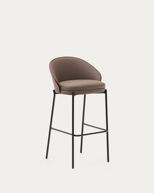 Eamy stool in brown faux leather, ash veneer with walnut finish and brown metal 77 cm