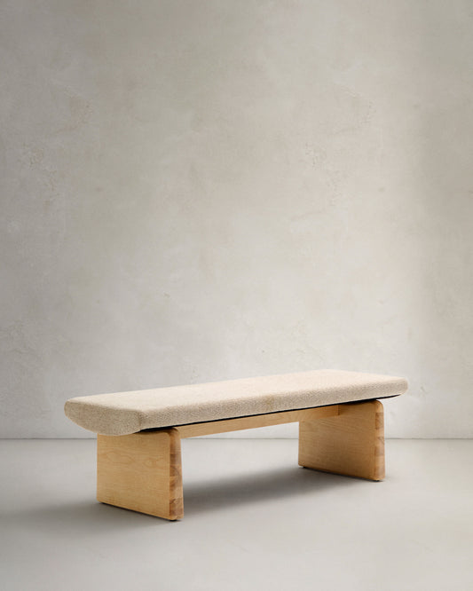 Topaz bench in beige chenille and FSC 100% solid ash wood in a natural finish, 150 cm