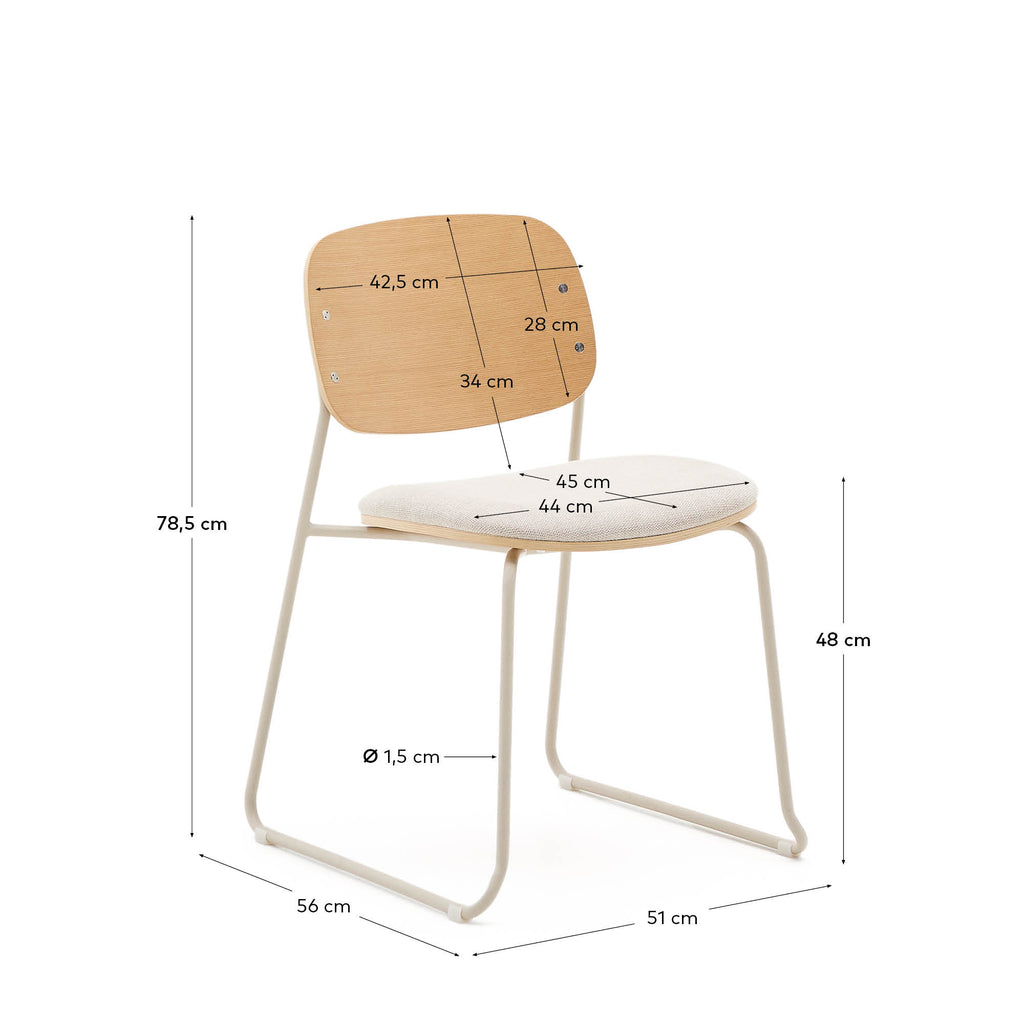 Meli stackable chair in poplar plywood with beige chenille seat and beige metal legs FSC Mix Credit