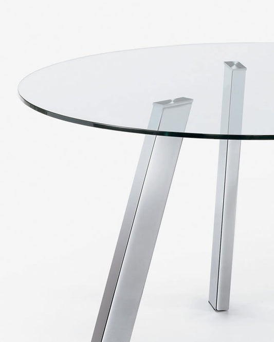 Carib round glass table with steel legs with chrome finish Ø 130 cm