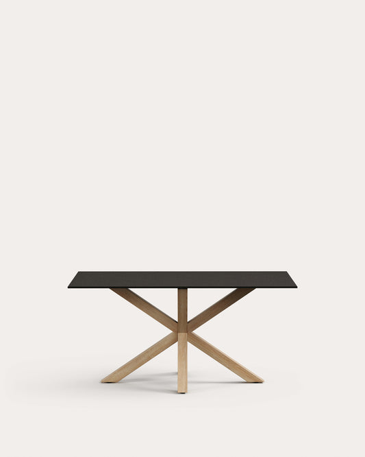 Argo table in frosted black glass and wood-effect steel legs 160 x 90 cm