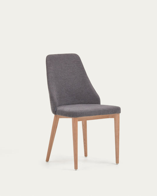 Rosie chair in dark grey chenille with solid ash wood legs in a natural finish